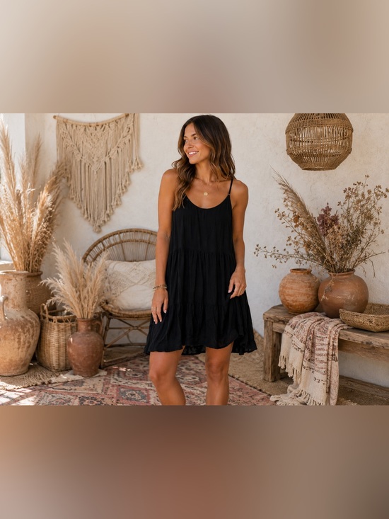 NATURAL LIFE Dresses & Skirts - Natural Life Black Rayon Spaghetti Strap Swing Dress Size M